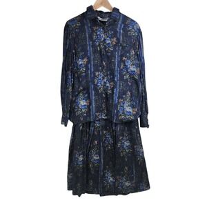 Lodenfrey‎ Skirt Suit Women 14 Blue Floral Wool Viscose Vintage Trachten 2 Piece